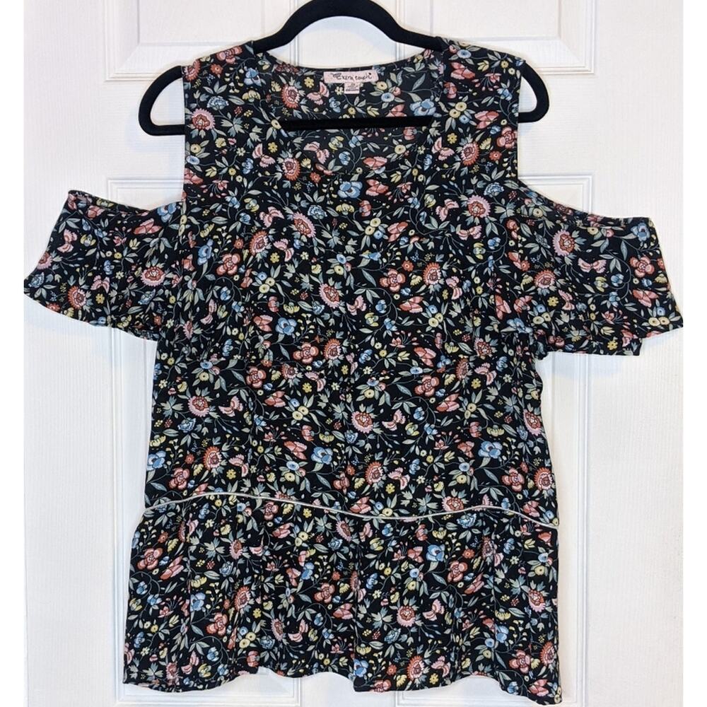 Extra Touch Floral Boho Cottagecore Print Cold Shoulder Ruffle Blouse Top 2X